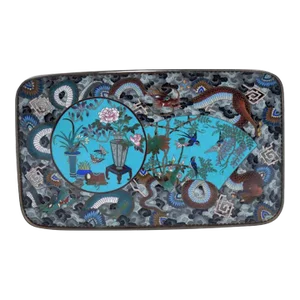 Antique Meiji Japanese Cloisonne Tray Featuring Dragons in Clouds, Attributed to Goto