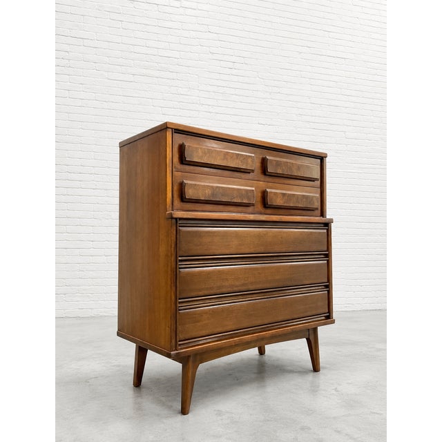 Mid-Century Modern Mid Century Modern Walnut Dresser by United Furniture Co. | Burled Drawers | Refinished Storage 1960's For Sale - Image 3 of 11