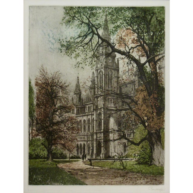 This artwork "Rathaus in Vienna" c. 1960 is an original color etching by noted Austrian artist Josef Eidenberger,...