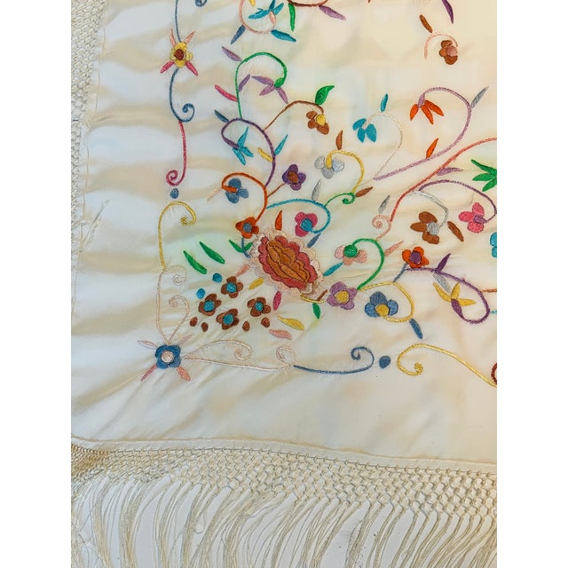 Boho Chic Gorgeous Handstitched Crewel Embroidered Silk Shawl With Fringes For Sale - Image 3 of 7