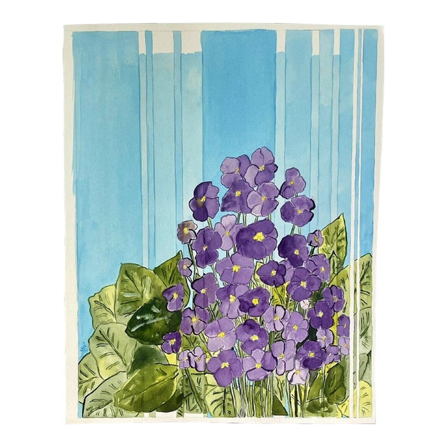 Watercolor Painting Still Life of Purple Morning Glory Flowers For Sale