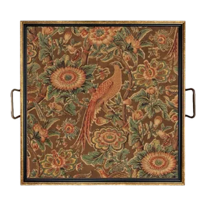 Pheasant and Flower Decorative Tray With Brass Handles, 17-1/2" X 17-1/2"