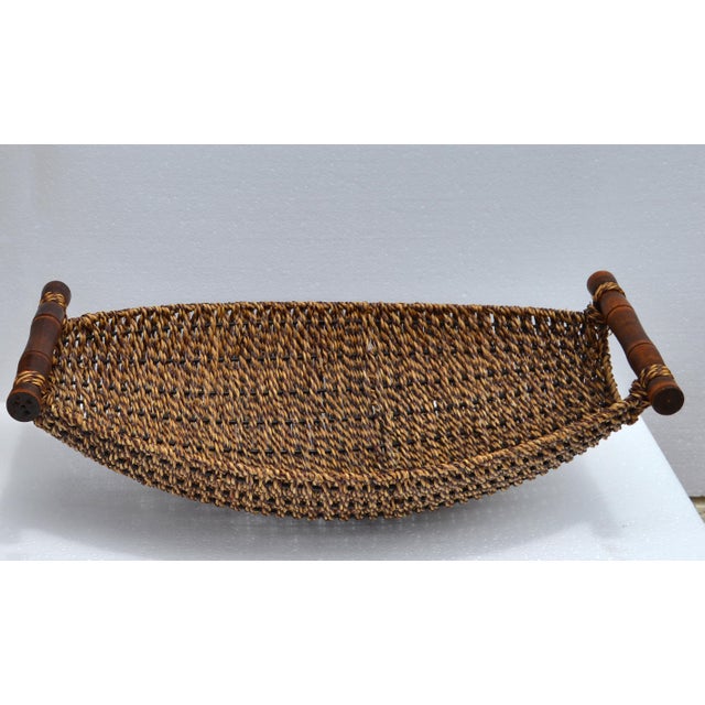 2000 - 2009 Organic Handwoven Decorative Basket Bamboo Handles Boho Chic For Sale - Image 5 of 16