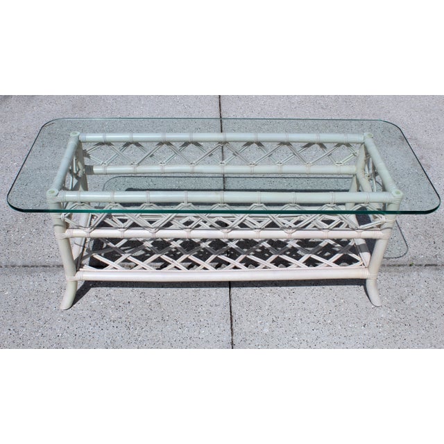 1970s Vintage 1970s Coastal Rattan Coffee Table With Turquoise Glass Top and Cream-Colored Cane Frame For Sale - Image 5 of 12