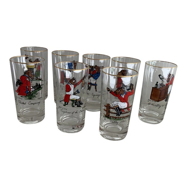 Vintage Ned King for Carwin Gilt-Rimmed Humorous Equestrian Highball Glasses - Set of 8 For Sale
