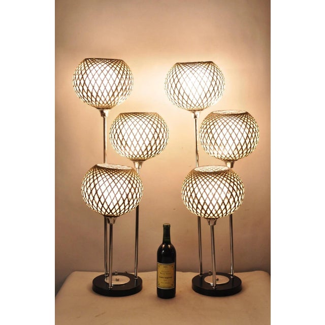 Vintage Mid Century Modern Woven Spun Fiberglass Triple Shade Chrome Frame Atomic Space Age Table Lamps - a Pair. Circa...
