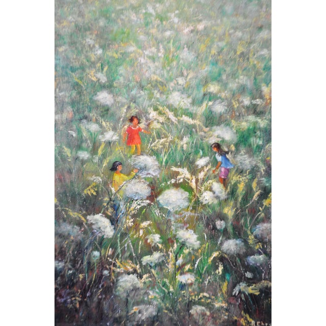 Vintage Framed Oil On Canvas Painting Of Children Playing In Dandelion Field Signed Chairish
