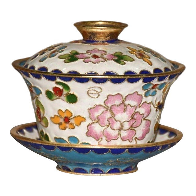 1960s Chinese Cloisonne Peony Gaiwan Teacup With Saucer For Sale