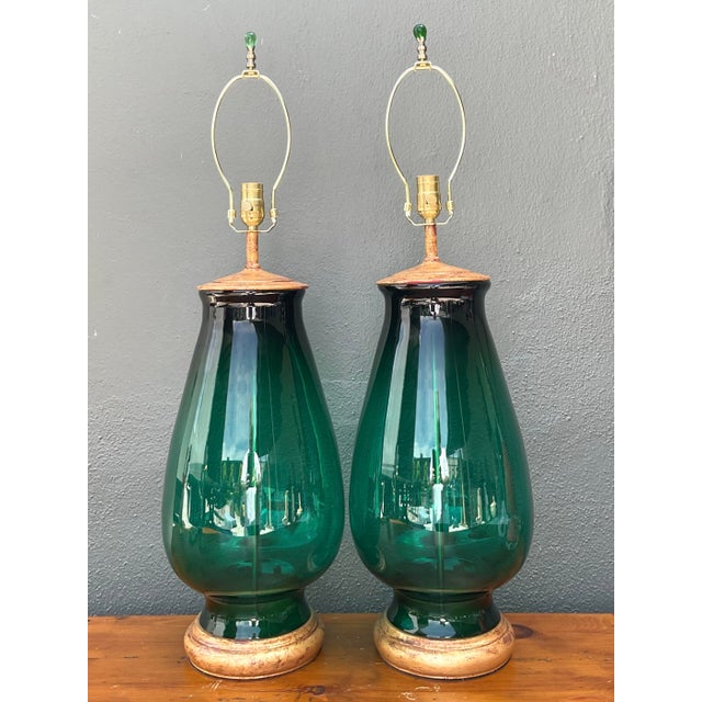 Green Vintage Emerald Glass Table Lamps - Set of 2 For Sale - Image 8 of 14