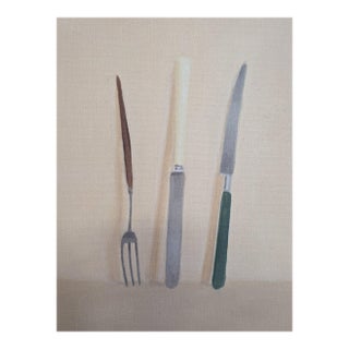 2026 Contemporary 'Knives and Forks No.6' Minimalist Still Life Oil Painting by British Artist Brendan Lancaster, Unframed For Sale