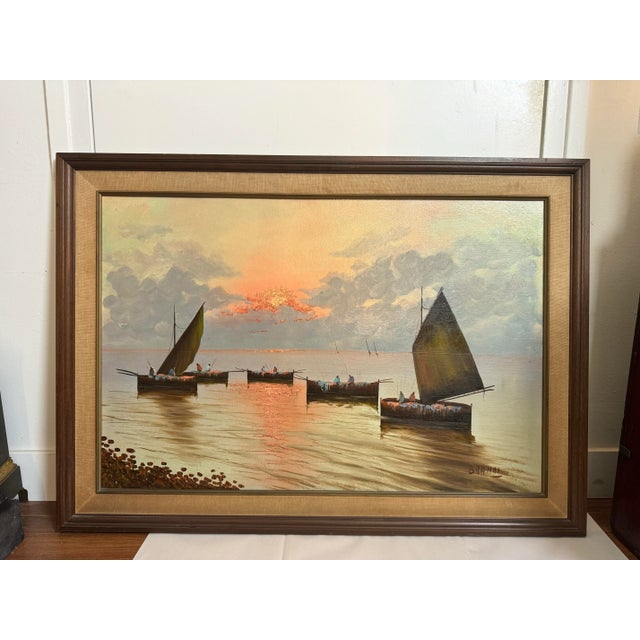 Brandi, Rosario, Ships at Dusk, Large Mid Century Italian Seascape Painting For Sale - Image 4 of 12