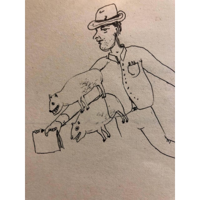 signed by both in pencil verso. dated. Surrealist cartoon drawing. Actual drawing size is 5.75 X 5.75. Their collaborative...