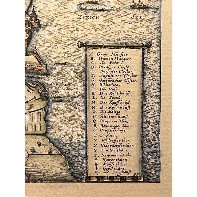 Rustic European Rare Vintage Hand Colored Tigurum Zurich Birds Eye View Map For Sale - Image 3 of 7