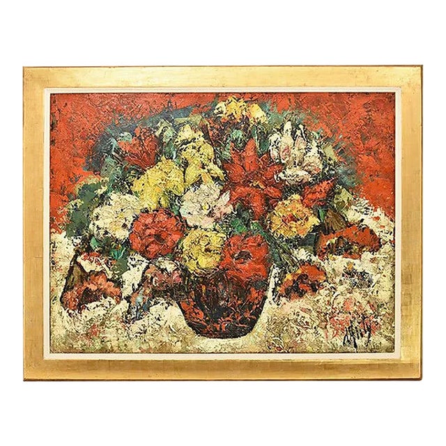 Still Life Painting of Roses in Vase, Oil on Canvas, 20th Century For Sale