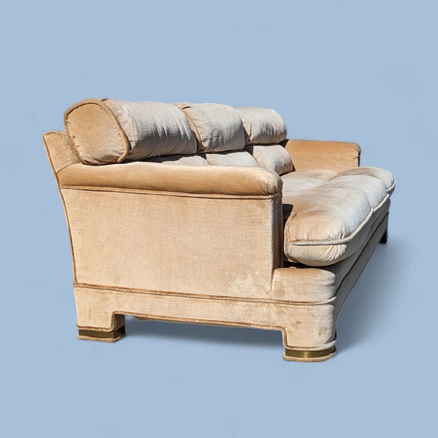 Wood Postmodern Velvet & Brass Sofa by Drexel Heritage, 1980s, Mid-Century, Hollywood Regency For Sale - Image 7 of 10