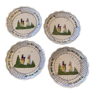Vintage Hand Painted Quimper Style Salad Dessert or Wall Plates Set of 4 For Sale