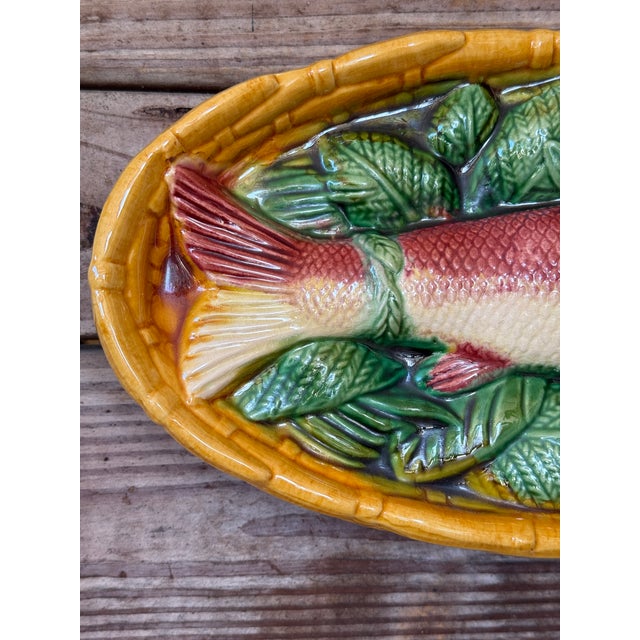 Mid 20th Century Vintage Majolica Trompe L’Oeil Trout Wall Object With Leaf Basketweave Motif For Sale - Image 5 of 10
