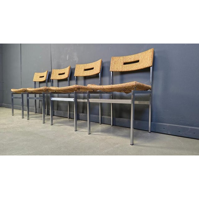 Wood Belgian Wicker and Chrome Dining Chairs, 1970s, Set of 4 For Sale - Image 7 of 15