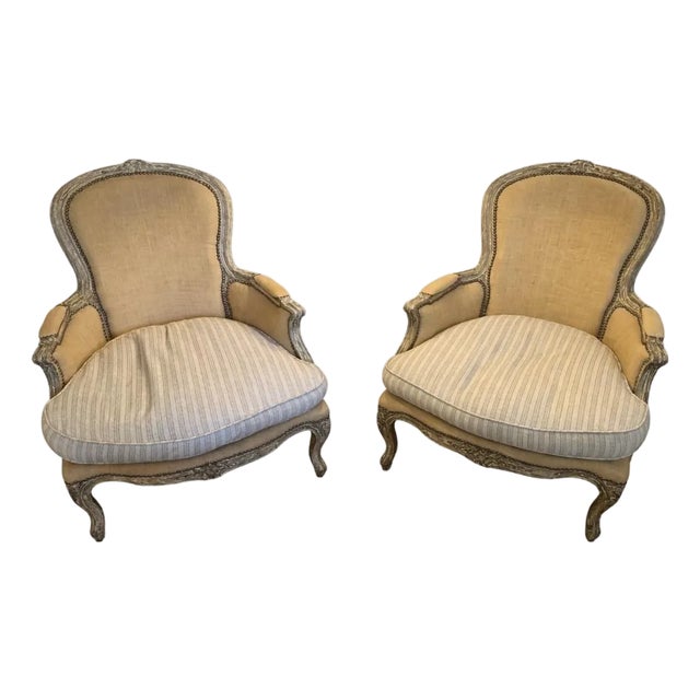 Arhaus French Bergère Style Upholstered Armchairs – Pair | Carved Wood Frame | Neutral Linen For Sale