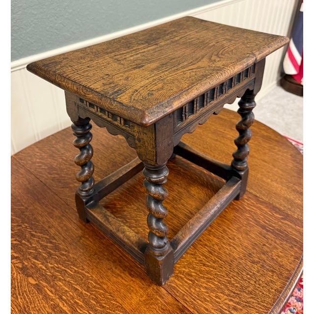 Antique English Footstool Bench Stool Joint Stool Barley Twist Carved Oak c.1900 For Sale - Image 14 of 16