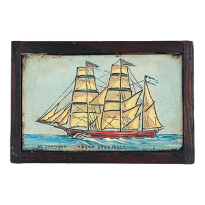 Vintage Folk Art Ship Painting on Carved Wooden Panel