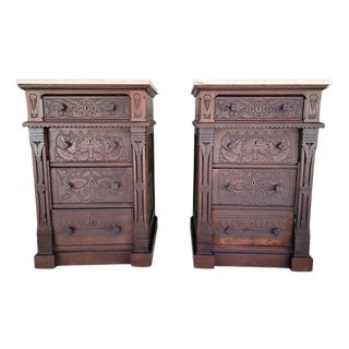 Aesthetic Movement Victorian Era Carved Nightstands / Dressers Late 1800's - A Pair For Sale