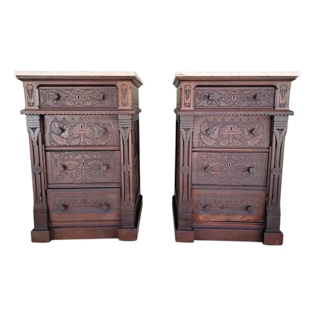 Aesthetic Movement Victorian Era Carved Nightstands / Dressers Late 1800's - A Pair For Sale