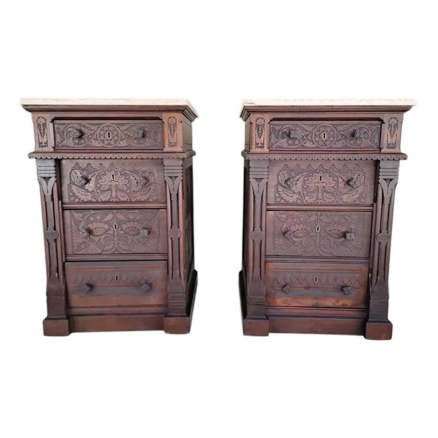 Antique Aesthetic Movement Victorian Era Carved Nightstands / Dressers Late 1800's - A Pair For Sale