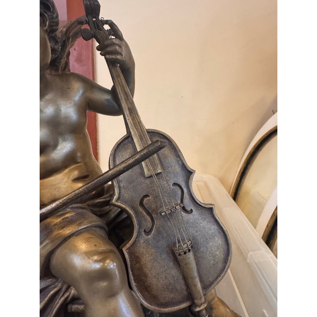 Stone Late 19th Century Bronze-Finished Cherub Playing Violin Table Lamp With Marble Base. For Sale - Image 7 of 9