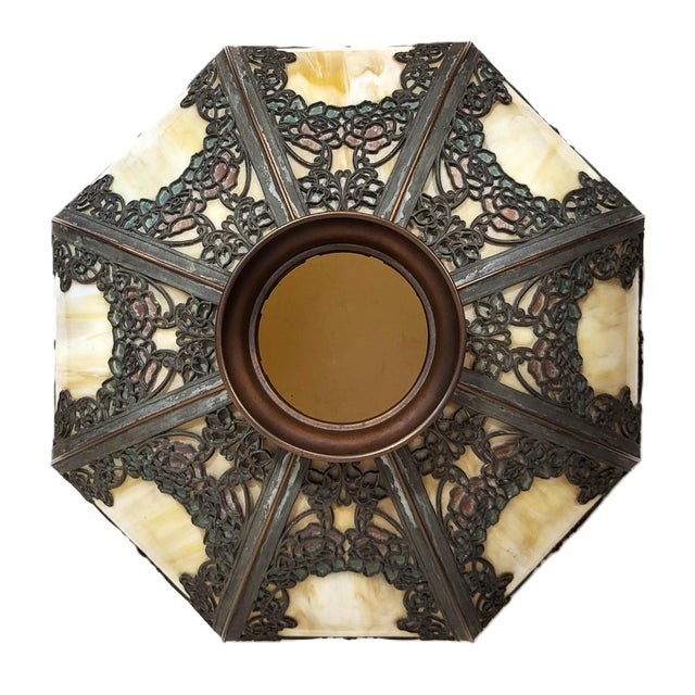 Antique Bronze Rose Overlay & Stained Slag Glass Table Lamp #559 by Handel For Sale - Image 14 of 18