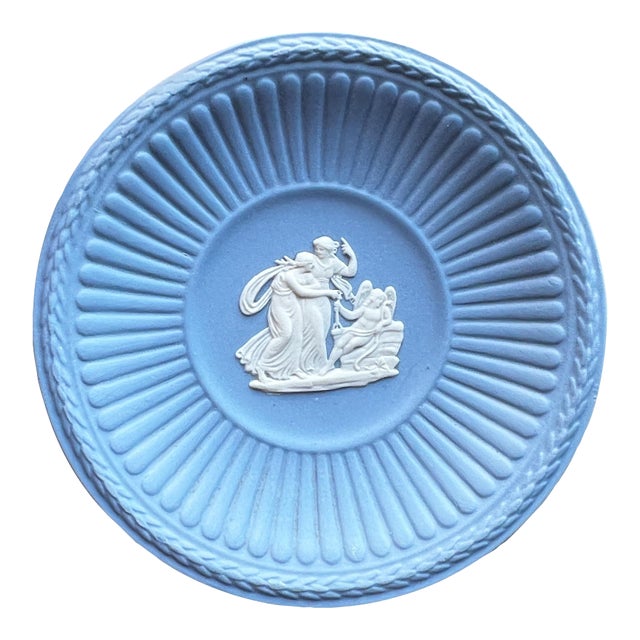 Mid 20th Century Wedgwood Blue Jasperware Small Cupid Dish With Classical Figural Relief For Sale