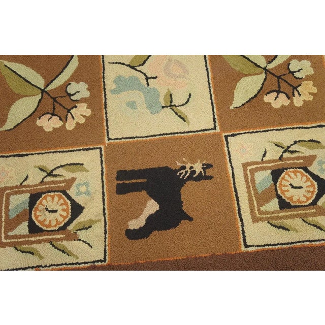 1970s Brown Vintage Animal Design Folk Art American Hooked Carpet Wool Rug For Sale - Image 10 of 12