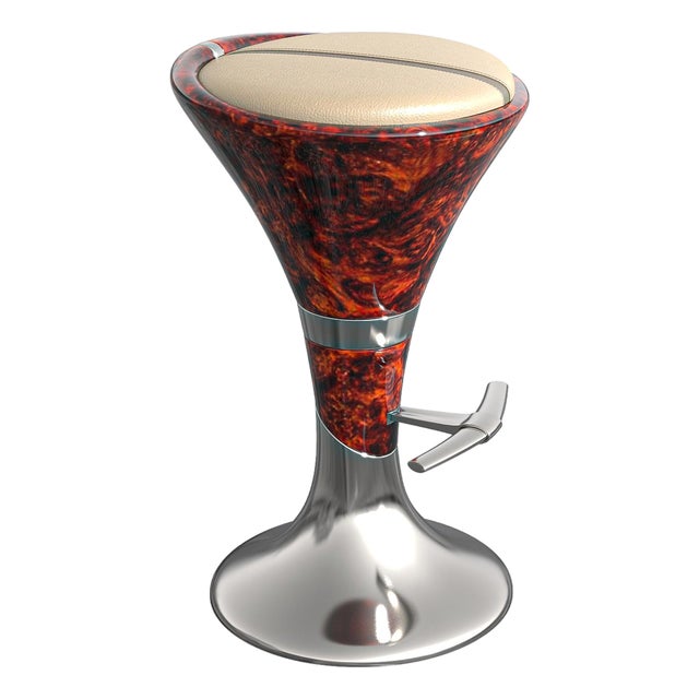 "Il Destino" Bar Stool With Burl Walnut, Stainless Steel, Hand Crafted For Sale