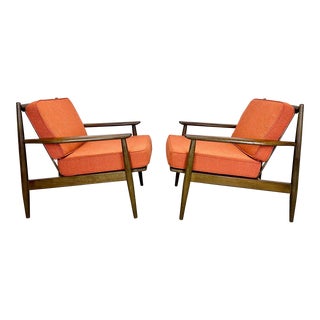 Mid Century Danish Modern Style Lounge Chairs in Walnut by Baumritter For Sale