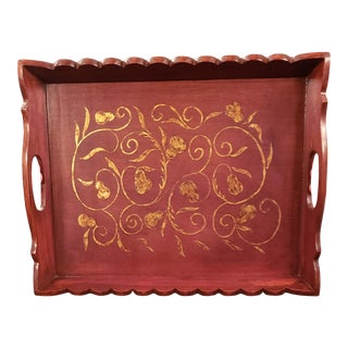 Vintage Wood Tray With Scalloped Edges and Gold Painted Scroll Designs For Sale