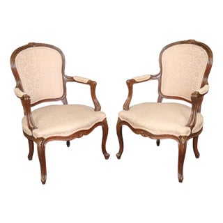 1940's Pair French Louis XV Style Carved Armchairs For Sale