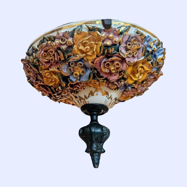 1960s Italian Capodimonte, Faience-Style Porcelain and Wrought Iron Chandelier For Sale - Image 10 of 11