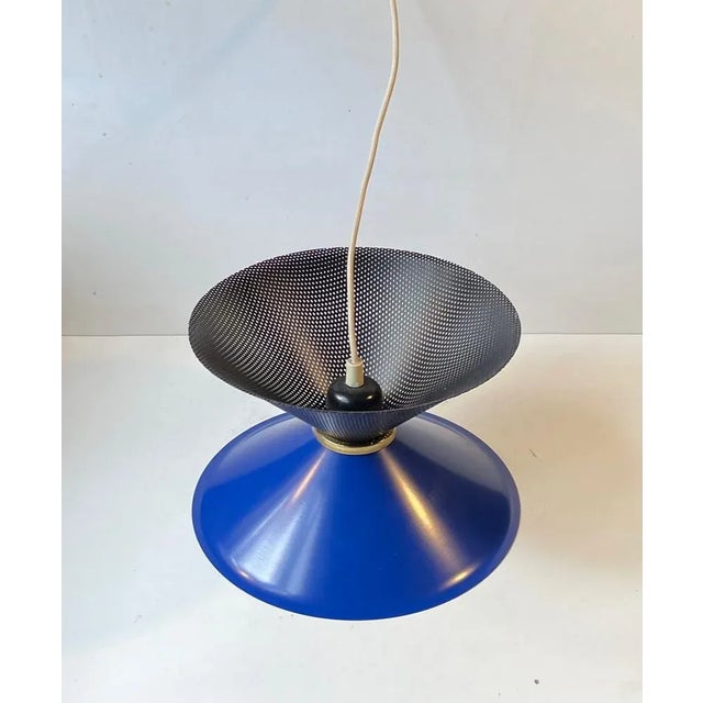 Vintage Italian Blue Diablo Pendant Ceiling Lamp with Brass Disc, 1970s For Sale - Image 3 of 8