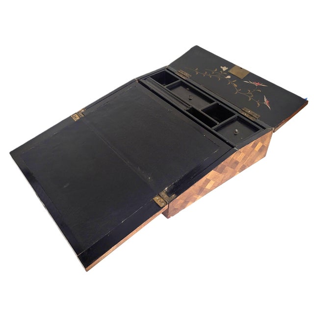 Antique English 19th C Parquetry Inlaid & Ebonized Chinoiserie Leather Lap Desk For Sale - Image 4 of 18