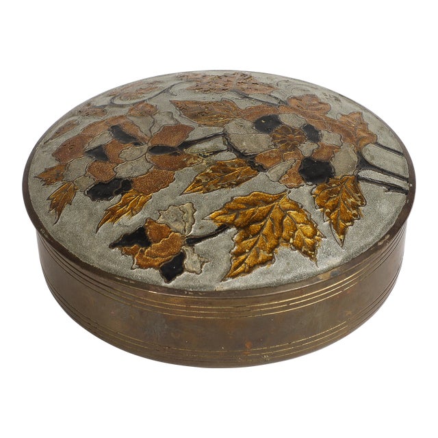 Vintage Indian Cloisonné Round Brass Trinket Box For Sale