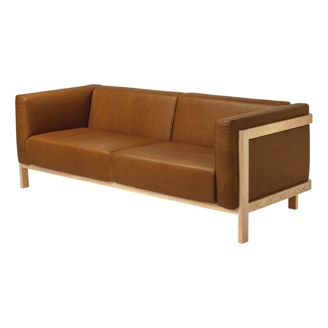 LIFT Minimalist Three-Seater Sofa in Ash Wood and Camel Leather Seat by Julien Renault For Sale