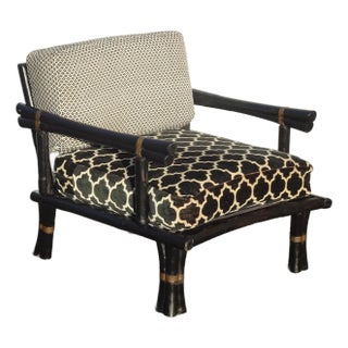 Vintage Chinoiserie Asian Black Lounge Chair With Brass For Sale