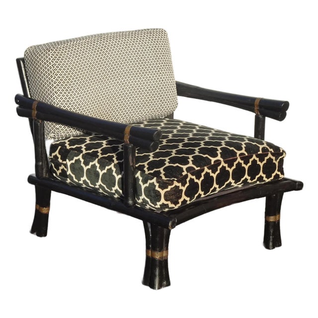 Vintage Chinoiserie Asian Black Lounge Chair With Brass For Sale