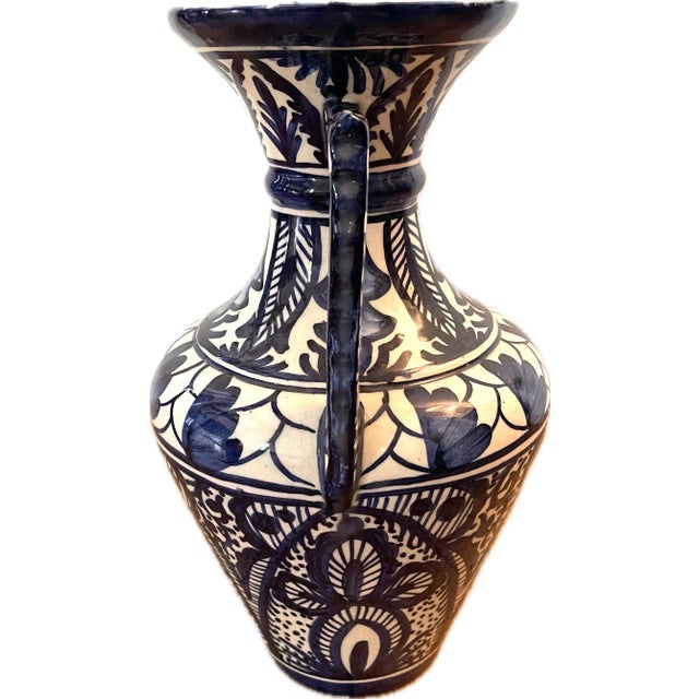 1930s French Hand-Painted Blue & White Terracotta Vase | Montpellier Pottery For Sale - Image 4 of 7