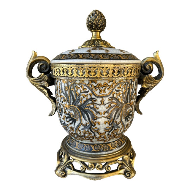 Vintage Early-Mid 20th Century Hand Painted White, Blue & Gold Porcelain and Brass Urn With Lid For Sale