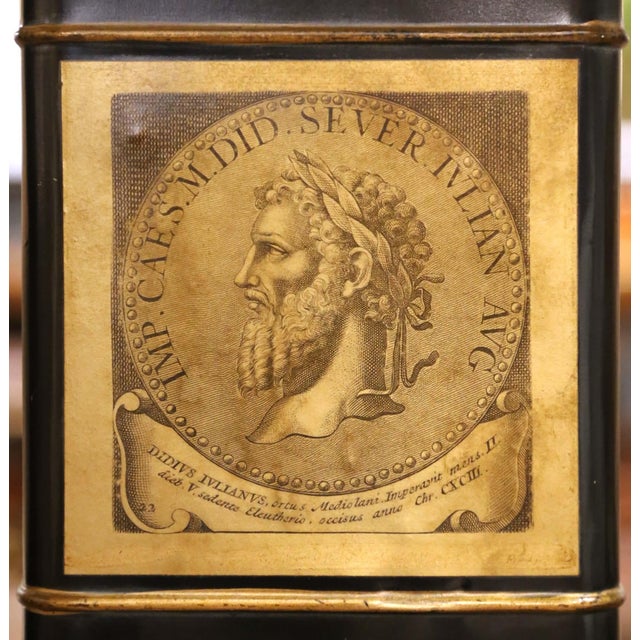 Metal Pair of 19th C. English Victorian Black Tole Lamps With Classical Medallions For Sale - Image 7 of 11