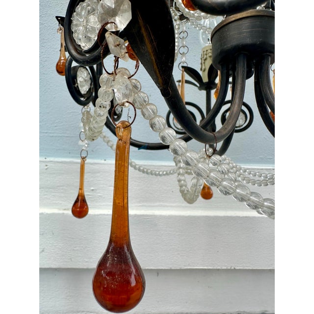 Vintage French Rococo Revival 6-Arm Wrought Iron Chandelier With Amber Glass Drops. For Sale - Image 11 of 12