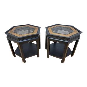 Vintage Chinoiserie Ebony and Burled-Wood Hexagon Side Tables - Pair