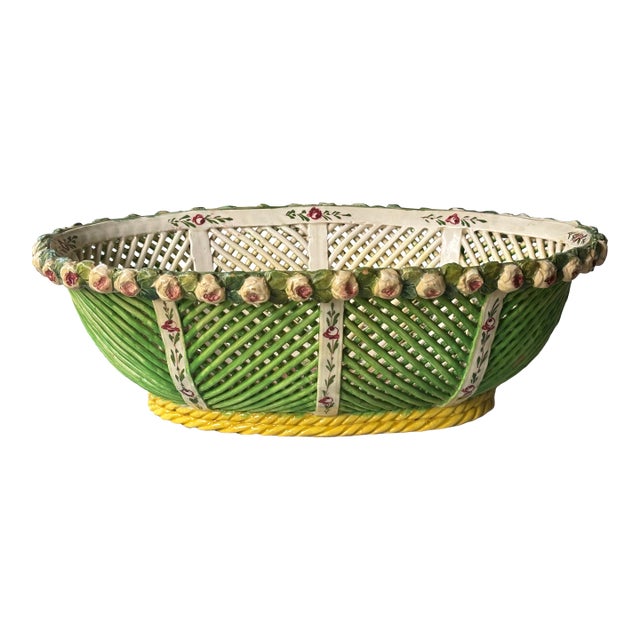 Large Scale Vintage Italian Majolica Openwork Bowl / Basket Centerpiece For Sale