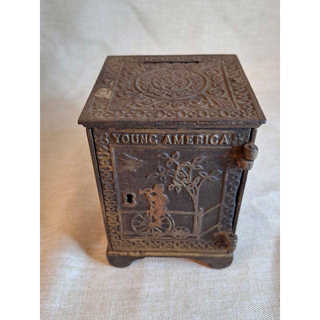 Antique Young America Cast Iron Safe Still Bank Penny Farthing Bicycle J. & E. Stevens C. 1880s For Sale - Image 11 of 13
